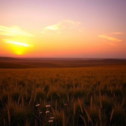 A vast Iranian plain during sunset, showcasing a breathtaking landscape with rolling hills and sparse grasslands