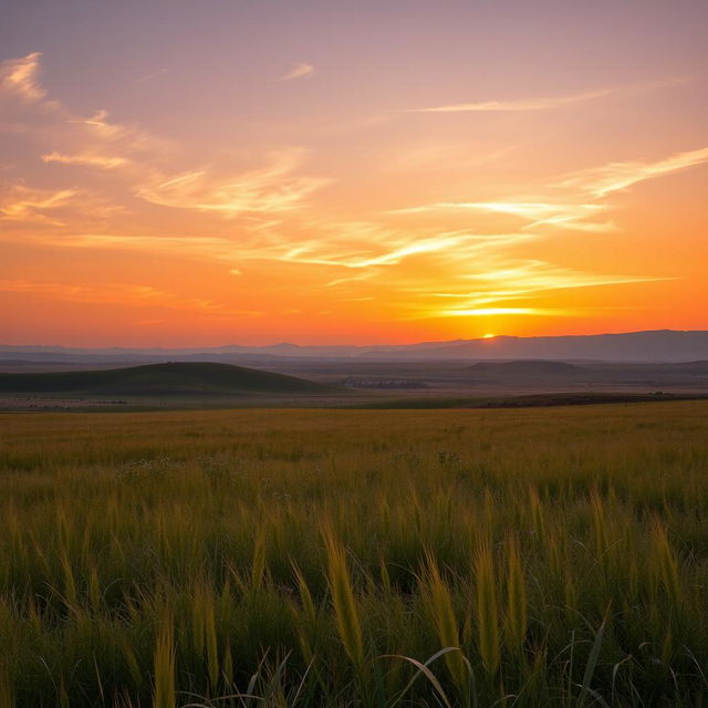 A vast Iranian plain during sunset, showcasing a breathtaking landscape with rolling hills and sparse grasslands