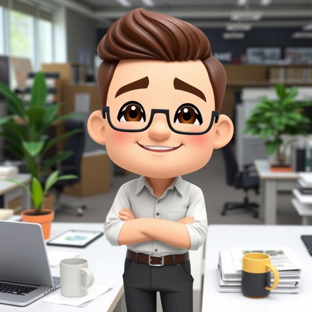 A Bitmoji-style character of a man in an office setting, exuding a relaxed yet professional vibe