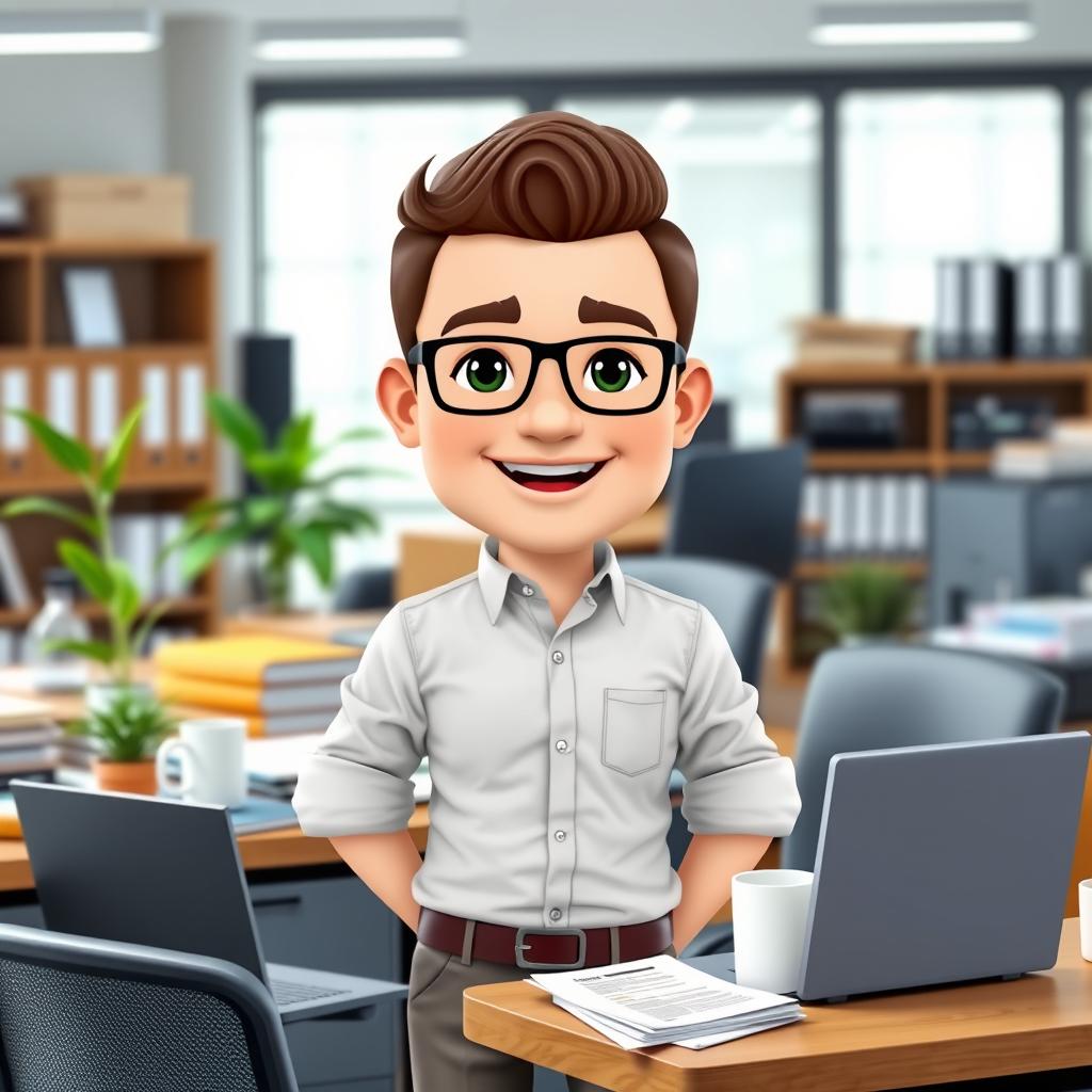 A Bitmoji-style character of a man in an office setting, exuding a relaxed yet professional vibe