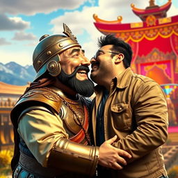 A surreal and humorous scene depicting a historical character, Genghis Khan, a fierce Mongolian emperor known for his conquests, and a modern Bollywood director, Rohit Shetty, engaging in a comedic make-out session