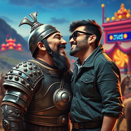 A surreal and humorous scene depicting a historical character, Genghis Khan, a fierce Mongolian emperor known for his conquests, and a modern Bollywood director, Rohit Shetty, engaging in a comedic make-out session