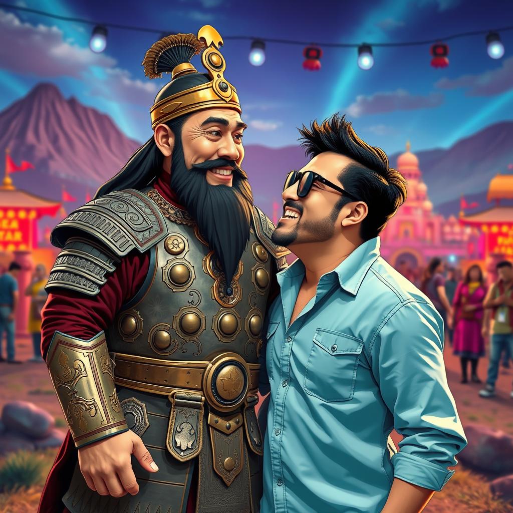 A surreal and humorous scene depicting a historical character, Genghis Khan, a fierce Mongolian emperor known for his conquests, and a modern Bollywood director, Rohit Shetty, engaging in a comedic make-out session