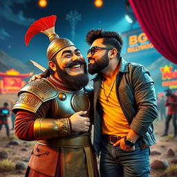 A surreal and humorous scene depicting a historical character, Genghis Khan, a fierce Mongolian emperor known for his conquests, and a modern Bollywood director, Rohit Shetty, engaging in a comedic make-out session