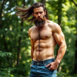 A rugged, hairy man standing confidently in a natural outdoor setting, showcasing his muscular build and hairy chest