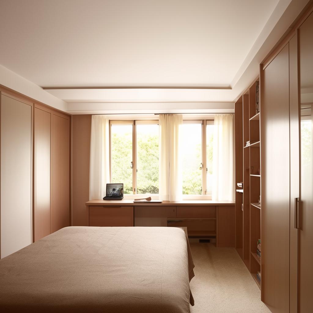 Create an image of a 13-feet by 10-feet room with two large windows in adjacent walls. It includes a king-size bed, a study table, a spacious wardrobe, bookshelves, and comfortable walking space.