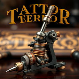 A luxuriously designed tattoo machine prominently placed in the center of the image, featuring intricate components such as a shiny needle, a complex coil, and various mechanical parts with metallic textures