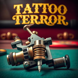 A luxuriously designed tattoo machine prominently placed in the center of the image, featuring intricate components such as a shiny needle, a complex coil, and various mechanical parts with metallic textures