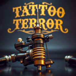 A luxuriously designed tattoo machine prominently placed in the center of the image, featuring intricate components such as a shiny needle, a complex coil, and various mechanical parts with metallic textures