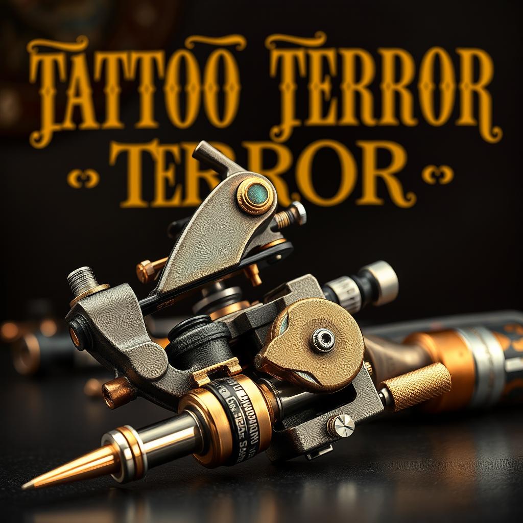 A luxuriously designed tattoo machine prominently placed in the center of the image, featuring intricate components such as a shiny needle, a complex coil, and various mechanical parts with metallic textures