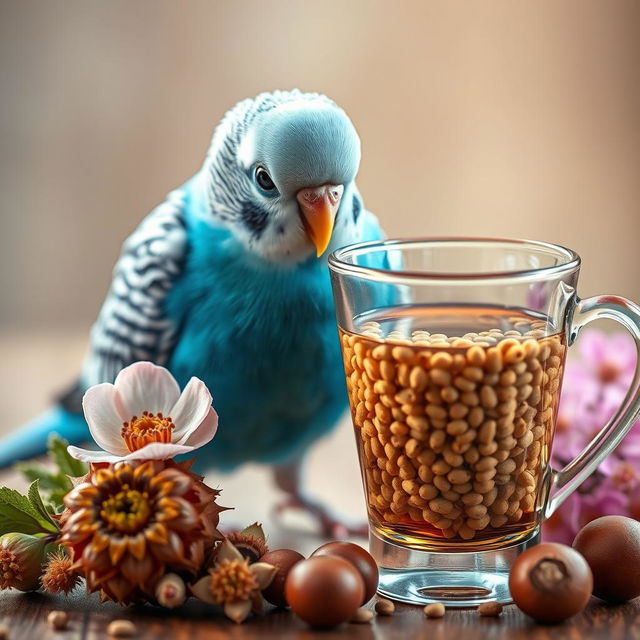 A cheerful blue budgie with striking black eyes and a small white patch on its head, perched near a stylish glass filled with tea and millet seeds