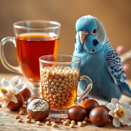 A cheerful blue budgie with striking black eyes and a small white patch on its head, perched near a stylish glass filled with tea and millet seeds