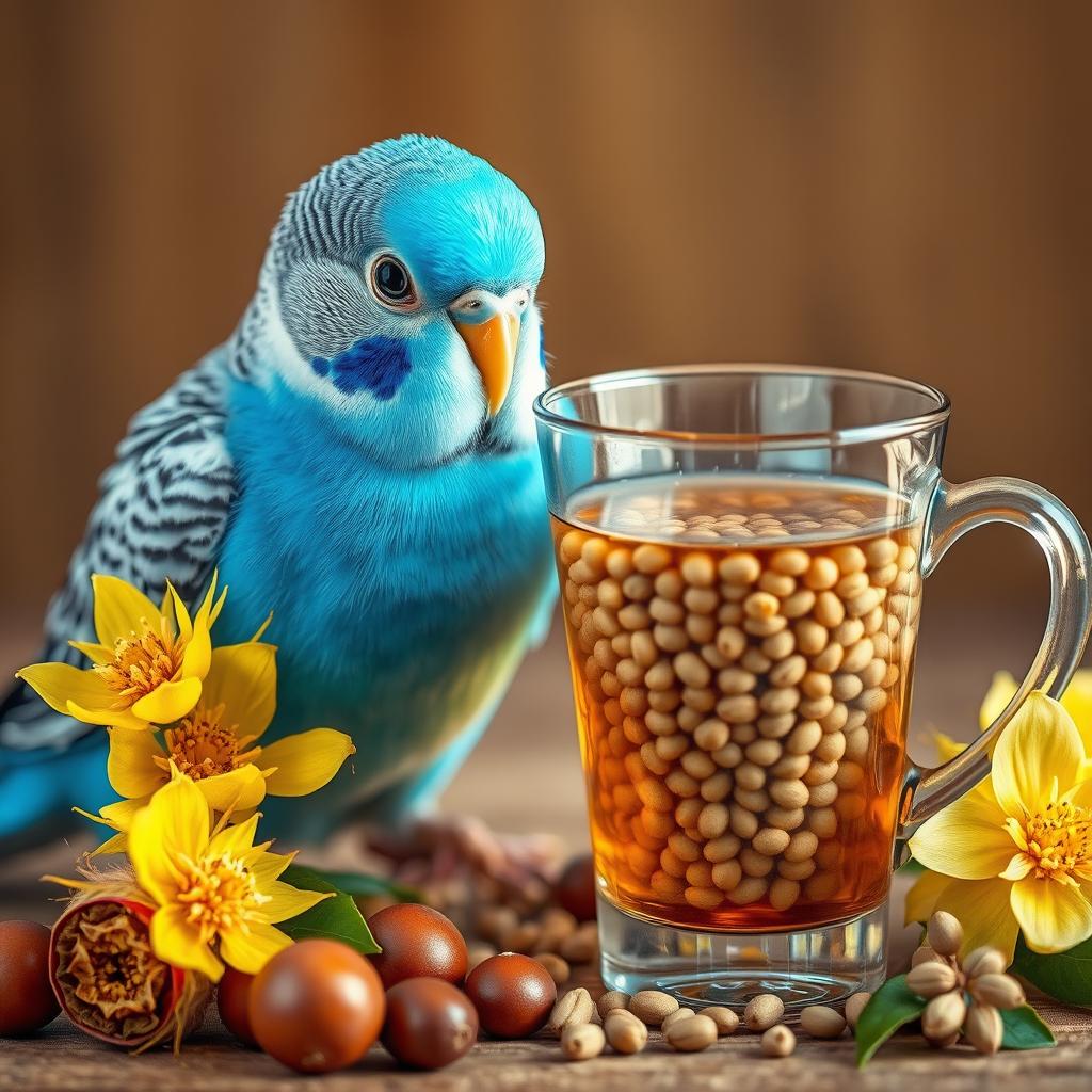 A cheerful blue budgie with striking black eyes and a small white patch on its head, perched near a stylish glass filled with tea and millet seeds