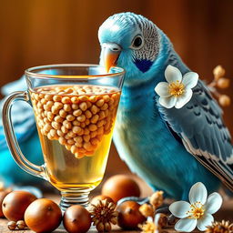 A cheerful blue budgie with striking black eyes and a small white patch on its head, perched near a stylish glass filled with tea and millet seeds