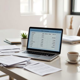 A modern office desk with scattered documents