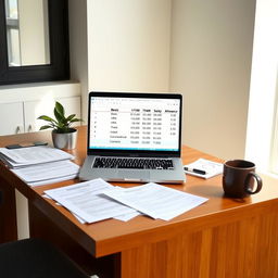 A modern office desk with scattered documents