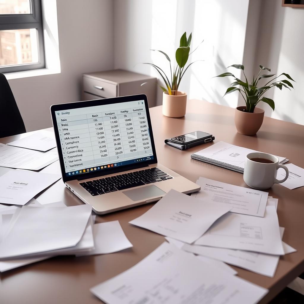 A modern office desk with scattered documents