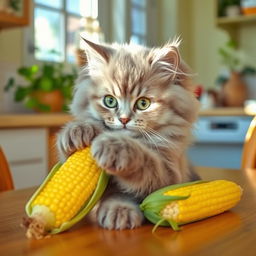 A fluffy, adorable cat playfully interacting with an ear of corn