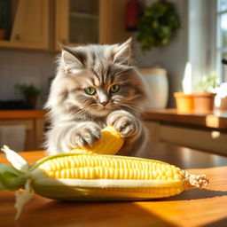 A fluffy, adorable cat playfully interacting with an ear of corn