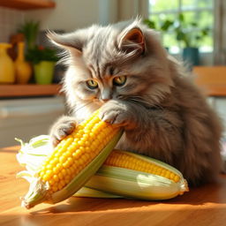 A fluffy, adorable cat playfully interacting with an ear of corn