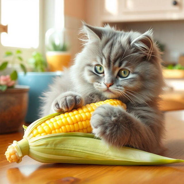 A fluffy, adorable cat playfully interacting with an ear of corn