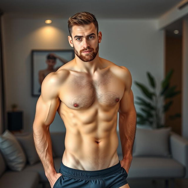 A hairy man with short hair, confidently posing in just his boxer shorts, showcasing his muscular physique and hairy chest