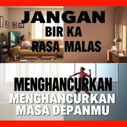 A motivational poster with bold and inspiring typography, featuring the phrase "Jangan Biarkan Rasa Malas Menghancurkan Masa Depanmu" (Don't Let Laziness Destroy Your Future) in an eye-catching font