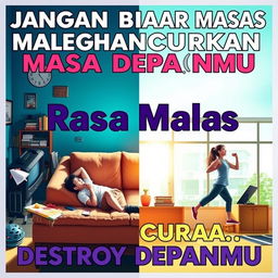 A motivational poster with bold and inspiring typography, featuring the phrase "Jangan Biarkan Rasa Malas Menghancurkan Masa Depanmu" (Don't Let Laziness Destroy Your Future) in an eye-catching font