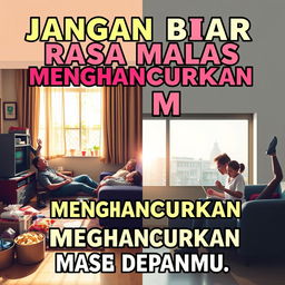 A motivational poster with bold and inspiring typography, featuring the phrase "Jangan Biarkan Rasa Malas Menghancurkan Masa Depanmu" (Don't Let Laziness Destroy Your Future) in an eye-catching font
