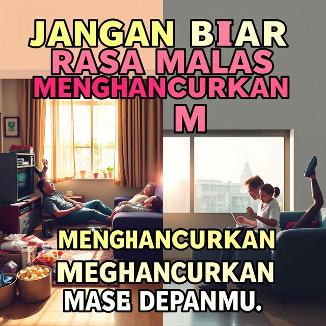 A motivational poster with bold and inspiring typography, featuring the phrase "Jangan Biarkan Rasa Malas Menghancurkan Masa Depanmu" (Don't Let Laziness Destroy Your Future) in an eye-catching font