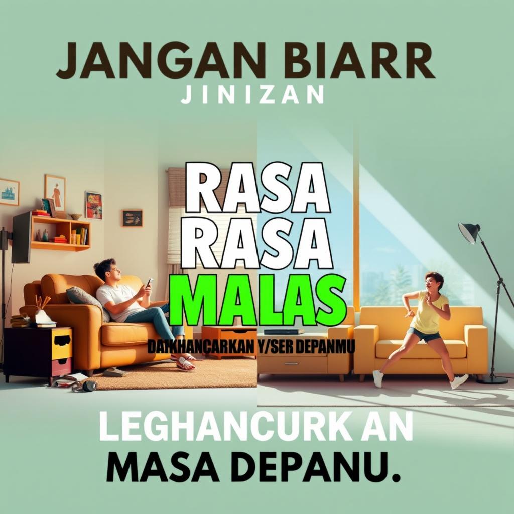 A motivational poster with bold and inspiring typography, featuring the phrase "Jangan Biarkan Rasa Malas Menghancurkan Masa Depanmu" (Don't Let Laziness Destroy Your Future) in an eye-catching font