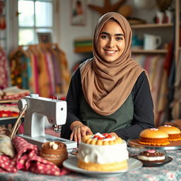 A hijab-wearing woman who is both a seamstress and a baker, showcasing her talents in a warm and inviting setting