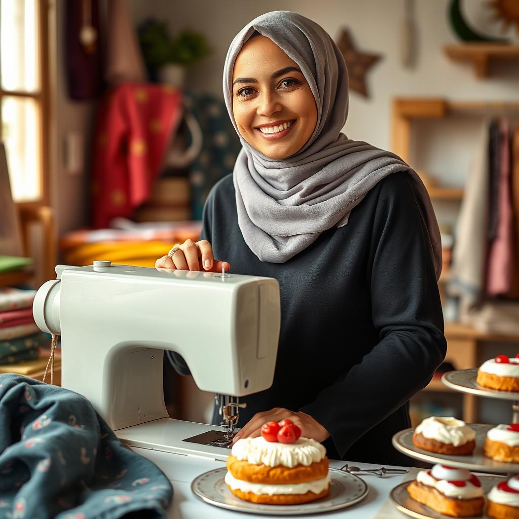 A hijab-wearing woman who is both a seamstress and a baker, showcasing her talents in a warm and inviting setting