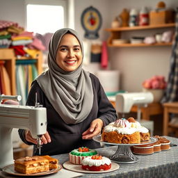 A hijab-wearing woman who is both a seamstress and a baker, showcasing her talents in a warm and inviting setting