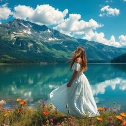A stunning landscape featuring a beautiful woman in a flowing white dress standing at the edge of a serene lake, surrounded by vibrant wildflowers