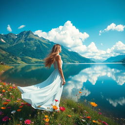 A stunning landscape featuring a beautiful woman in a flowing white dress standing at the edge of a serene lake, surrounded by vibrant wildflowers