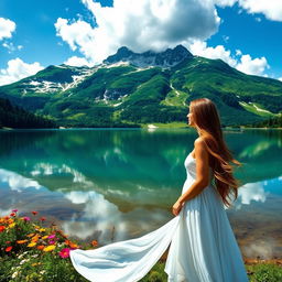 A stunning landscape featuring a beautiful woman in a flowing white dress standing at the edge of a serene lake, surrounded by vibrant wildflowers