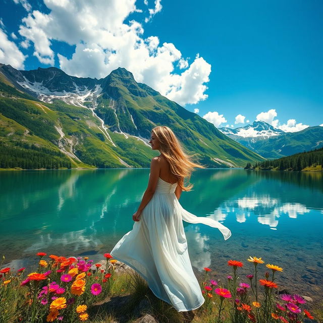 A stunning landscape featuring a beautiful woman in a flowing white dress standing at the edge of a serene lake, surrounded by vibrant wildflowers