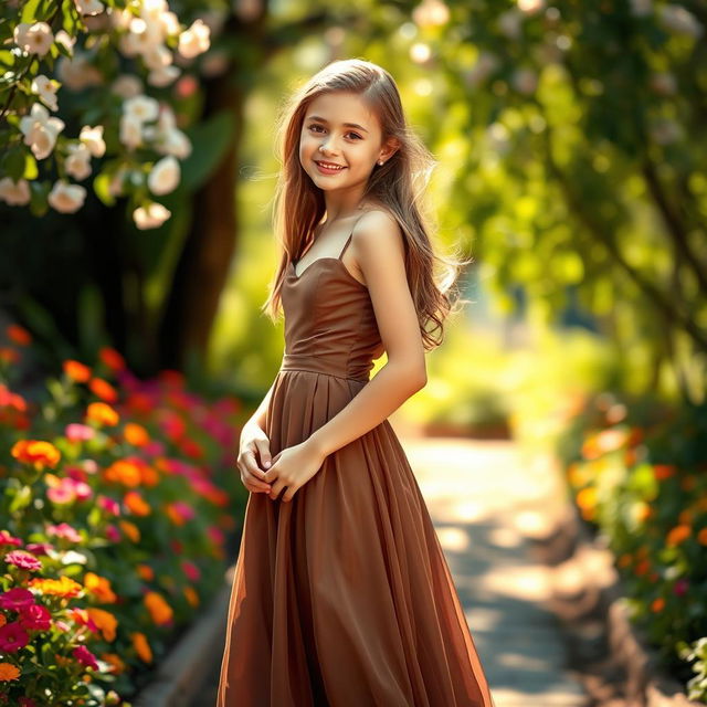 A slender and beautiful girl wearing an elegant brown dress, standing gracefully in a picturesque outdoor setting