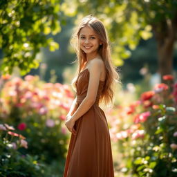 A slender and beautiful girl wearing an elegant brown dress, standing gracefully in a picturesque outdoor setting