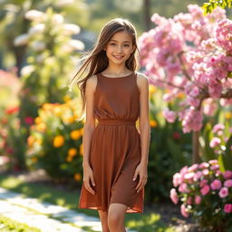A slender and beautiful girl wearing an elegant brown dress, standing gracefully in a picturesque outdoor setting