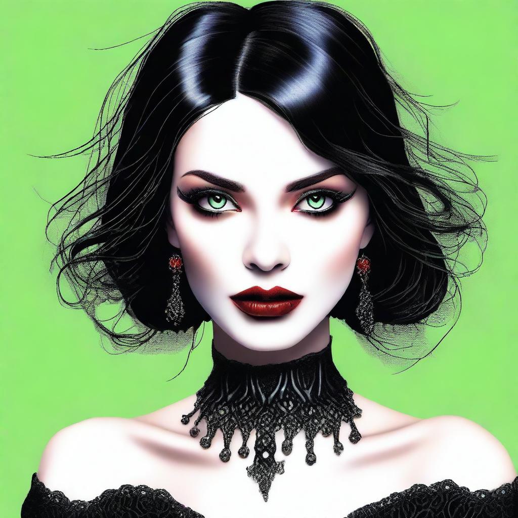 This digital art image of the highest quality showcases a young woman with a round face, vibrant green eyes, and sleek black hair