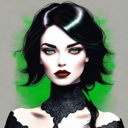 This digital art image of the highest quality showcases a young woman with a round face, vibrant green eyes, and sleek black hair