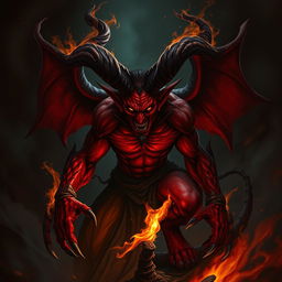 A dramatic depiction of a devil figure, with red skin, large twisted horns, and glowing eyes