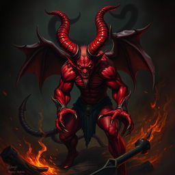 A dramatic depiction of a devil figure, with red skin, large twisted horns, and glowing eyes