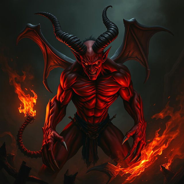 A dramatic depiction of a devil figure, with red skin, large twisted horns, and glowing eyes