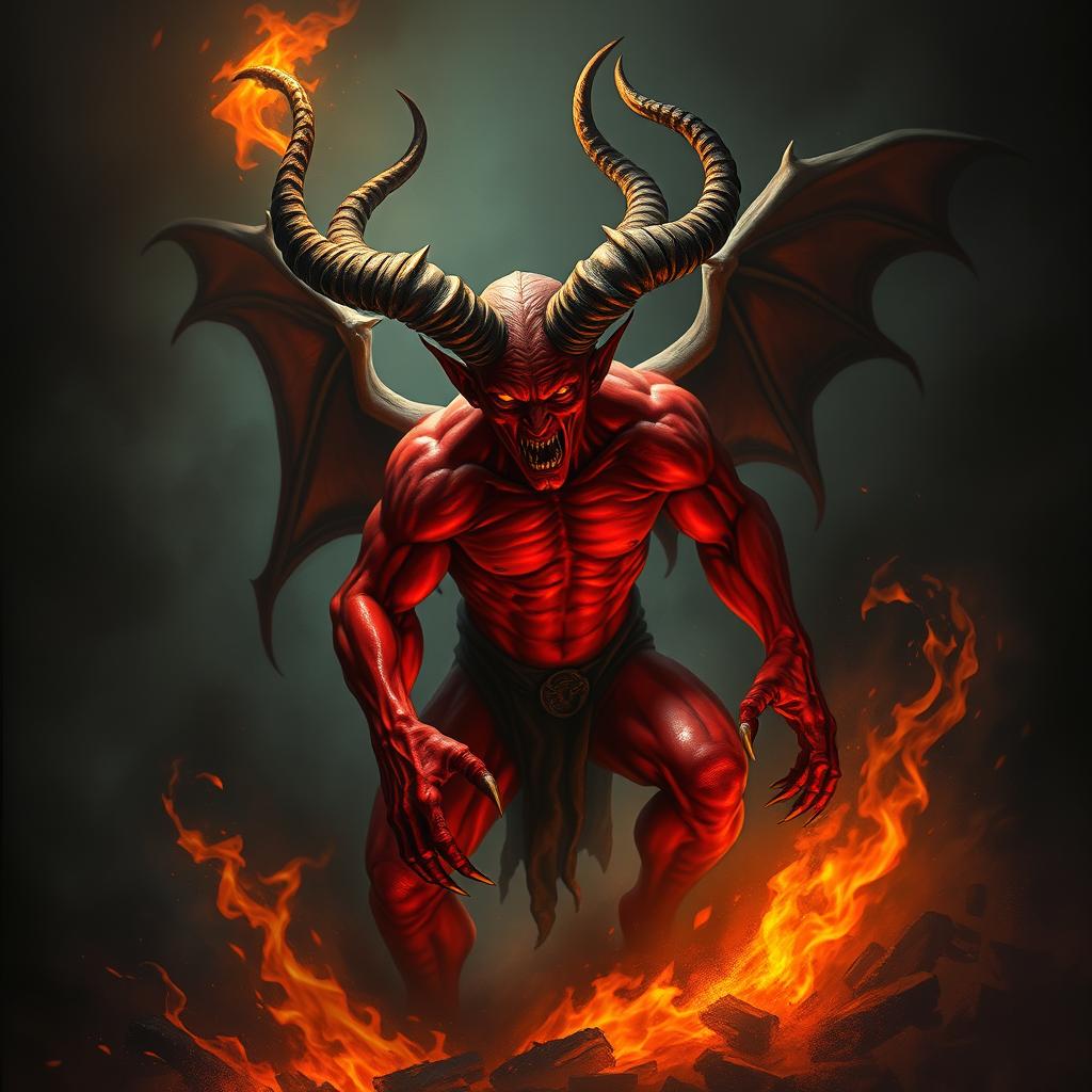 A dramatic depiction of a devil figure, with red skin, large twisted horns, and glowing eyes