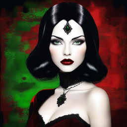 This digital art image of the highest quality showcases a young woman with a round face, vibrant green eyes, and sleek black hair