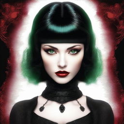 This digital art image of the highest quality showcases a young woman with a round face, vibrant green eyes, and sleek black hair