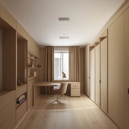 Design a 13-feet long, 10-feet wide room with two large windows on adjacent walls. The room includes a king-size bed, a study table, a wardrobe, bookshelves, and plenty of walking space.